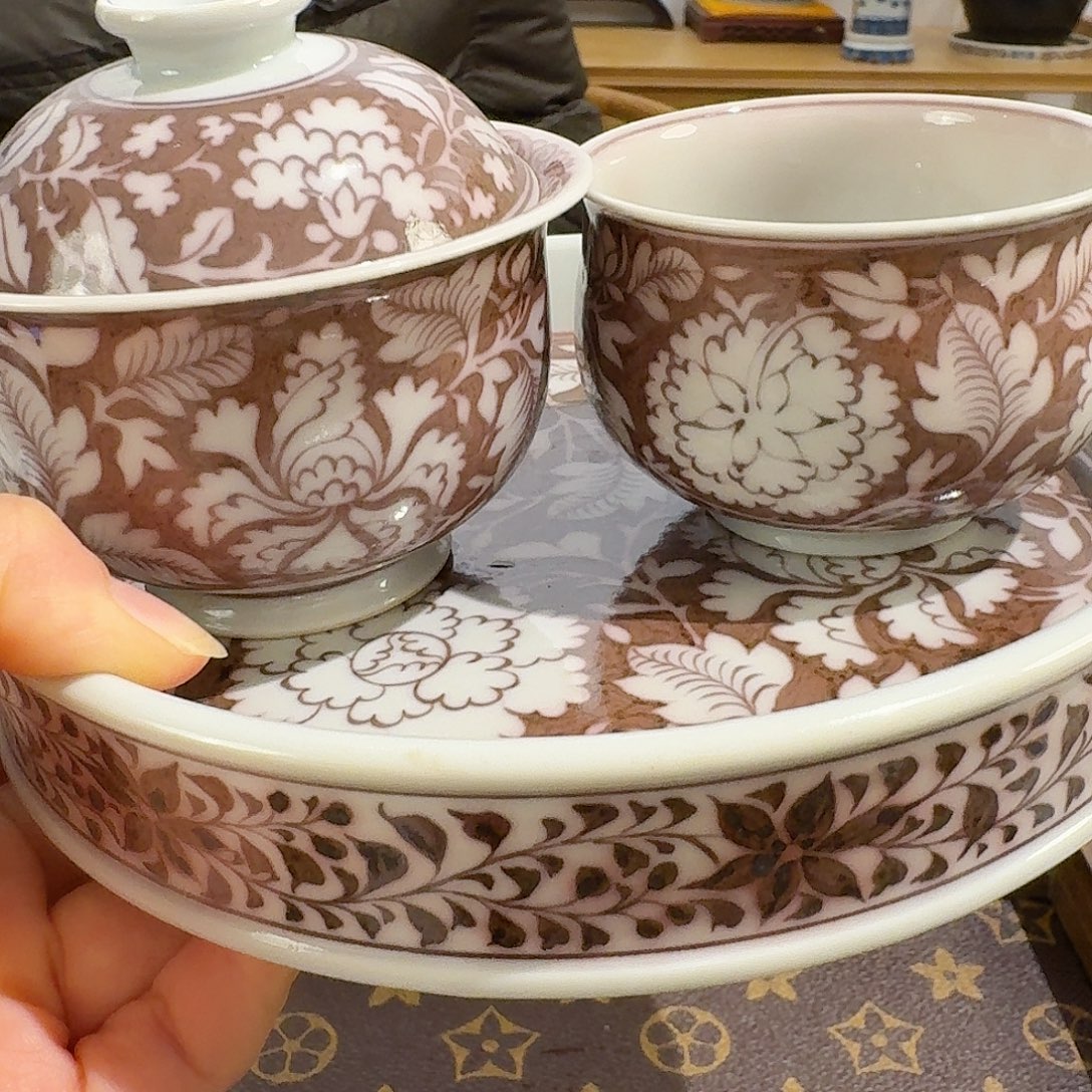 红底留白牡丹壶承/盖碗/杯子套组