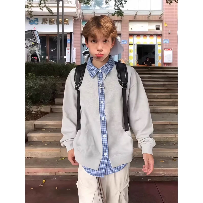 美式复古假两件格子拼接开衫卫衣男秋季miu系学院风情侣衬衣外套