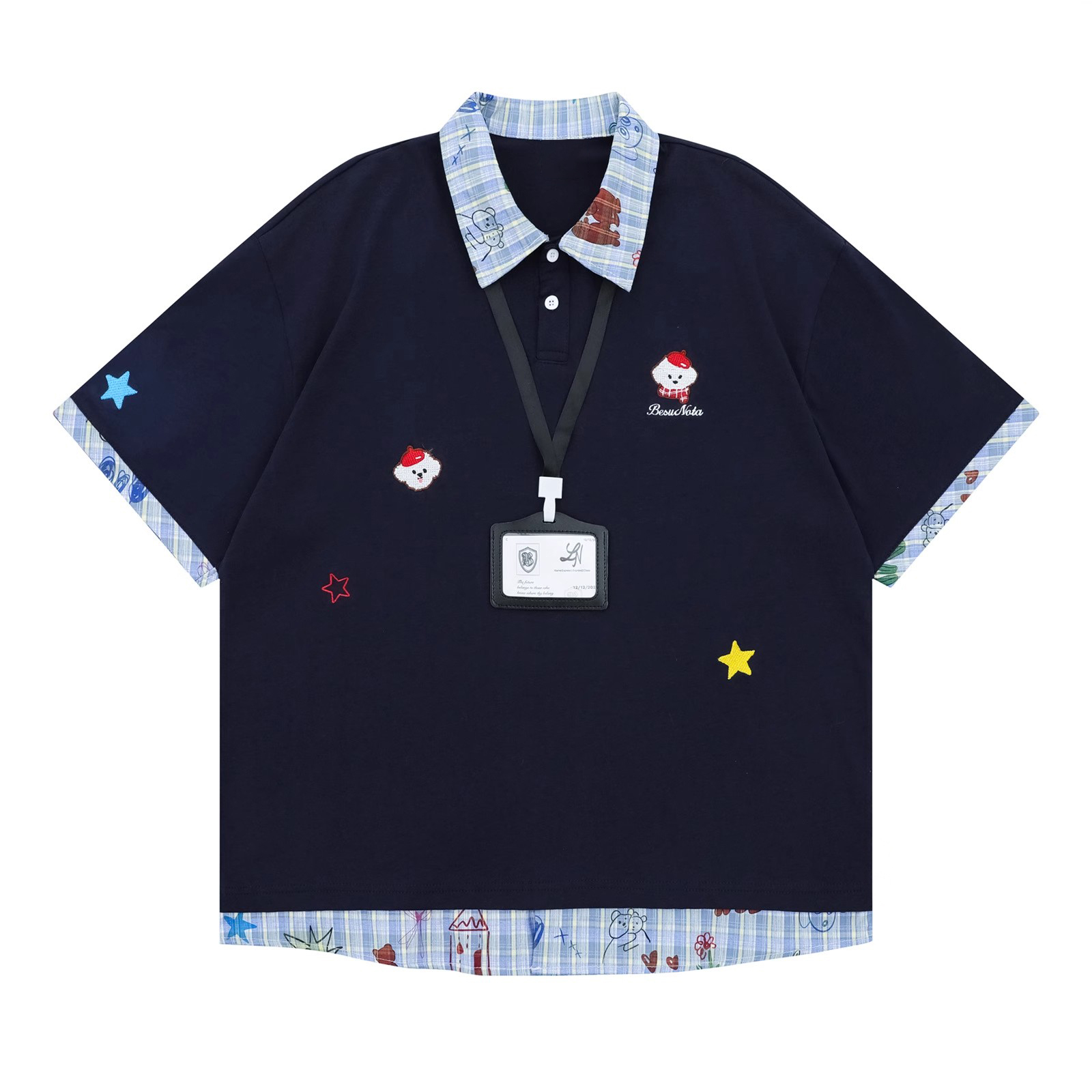 学院风假两件小狗刺绣格子拼接POLO领短袖T恤女夏季宽松休闲上衣