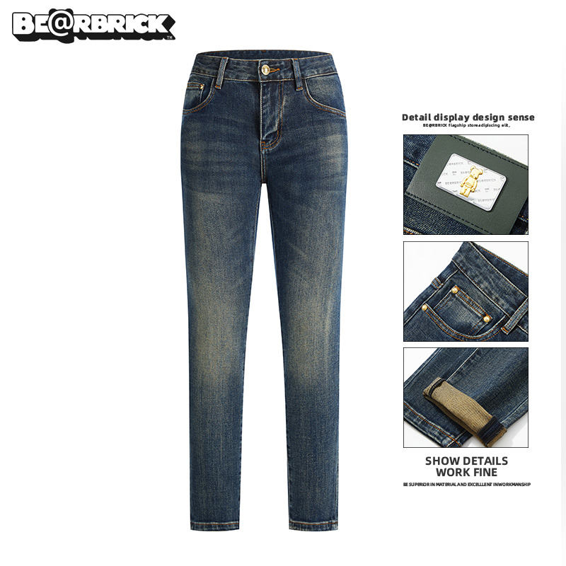 积木熊Be@rbrick【明星同款】靛青蓝男士牛仔裤秋冬季修身高端裤子