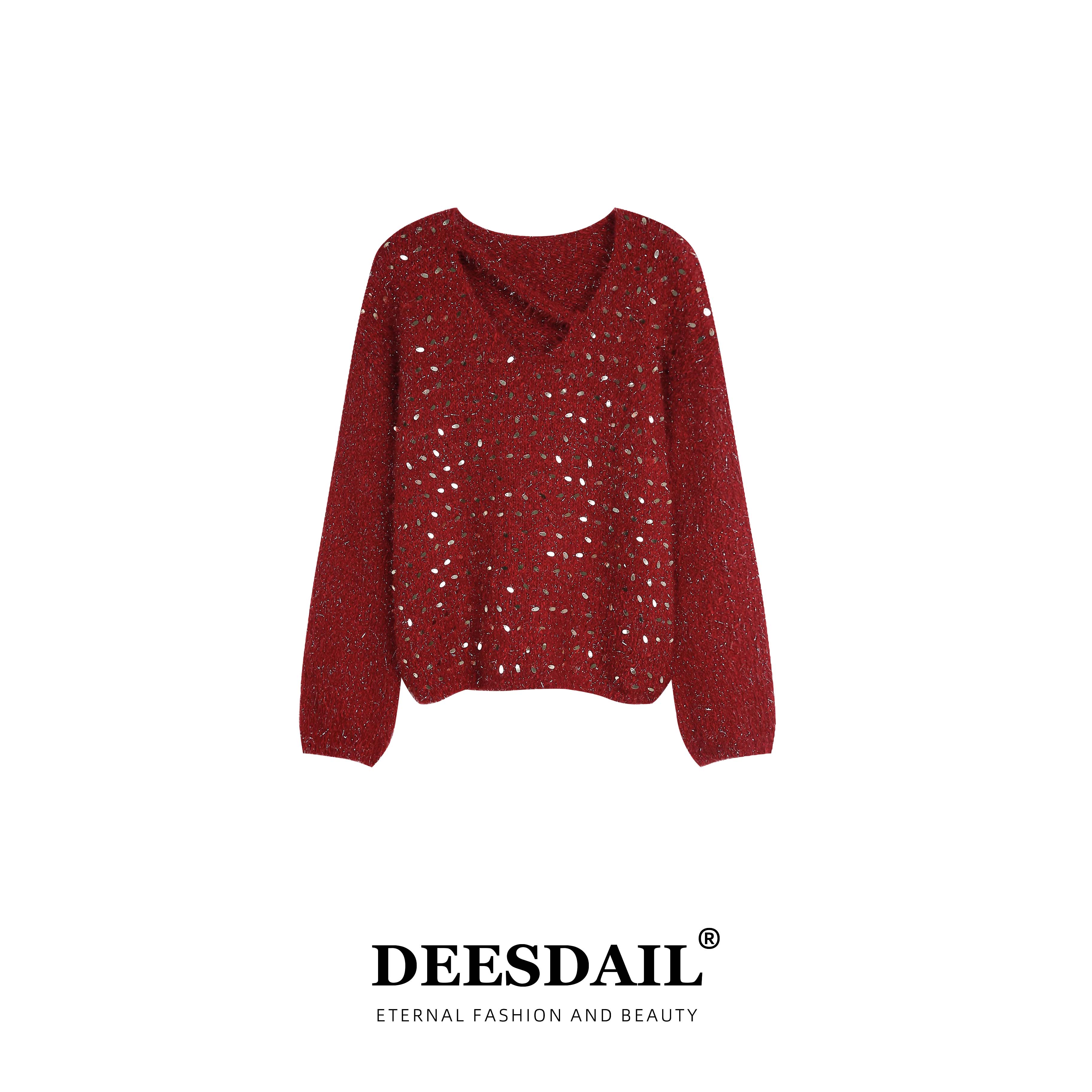 Deesdail冬季长袖红色v领亮片毛衣百搭显瘦时尚针织衫女A528