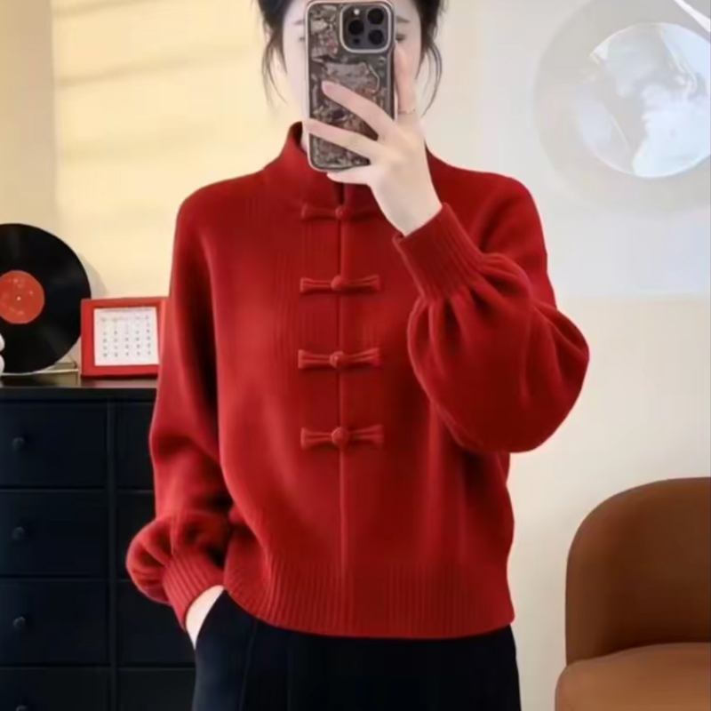 新年跨年穿搭新中式国风立领针织毛衣秋冬季大码胖MM慵懒软糯上衣