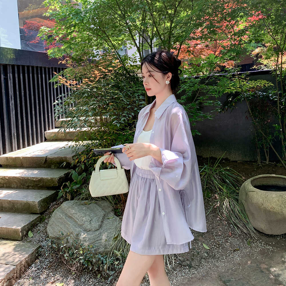 紫色防晒套装女2025新款夏季高级感短裤防晒衣吊带内搭三件套