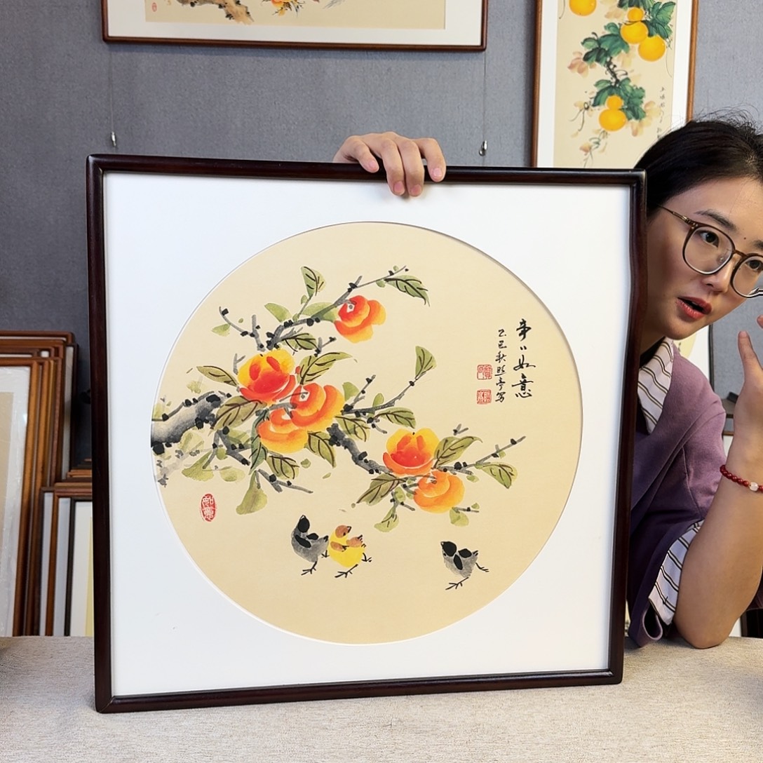 国画纯手绘，纯手写带框尺寸：53×53厘米