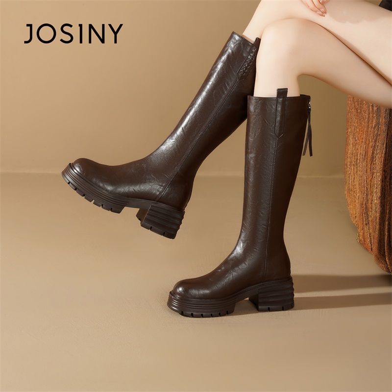 卓诗尼圆头粗跟时装靴2025冬季新款复古软底长筒靴502A87334