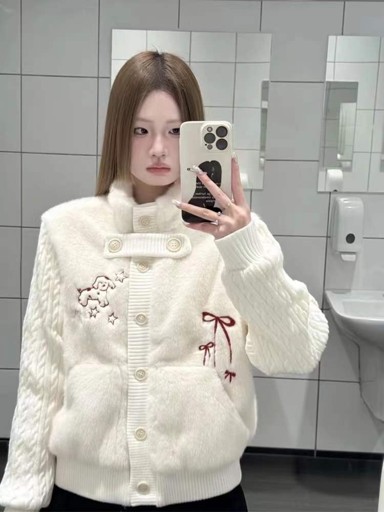 屁屁大码奶芙芙秋冬刺绣百搭韩版慵懒软糯毛绒绒外套