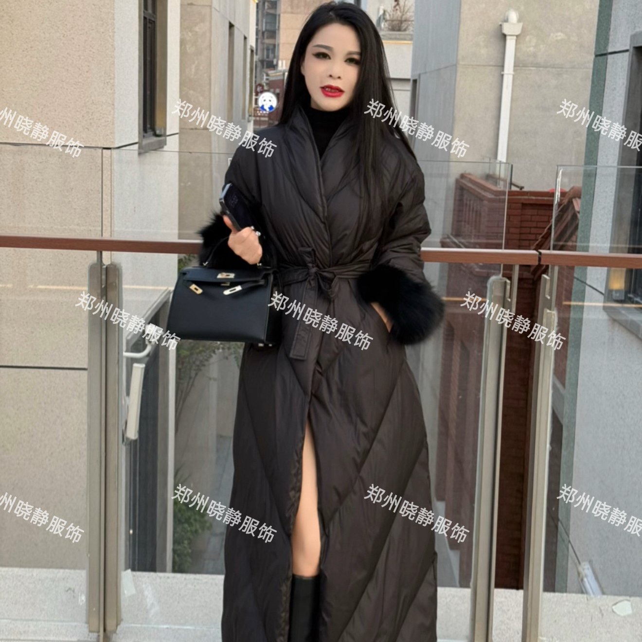 2025冬季新款毛毛袖系腰带款v领羽绒服外套