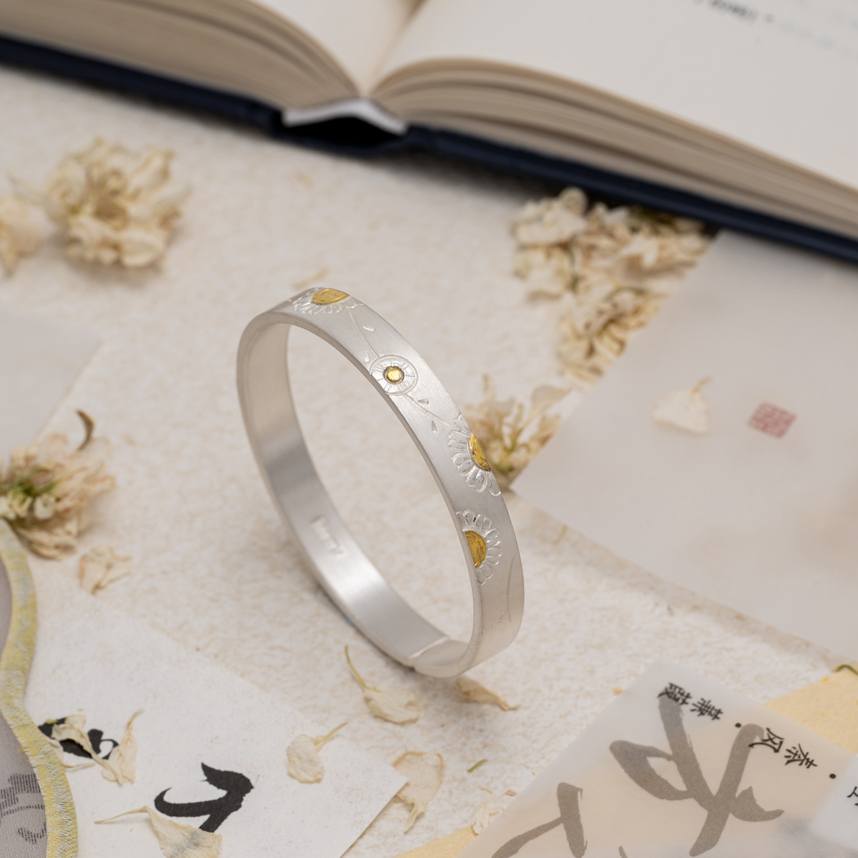 足银手镯 葵声语语丨足银手镯999丨手工镶嵌约46g