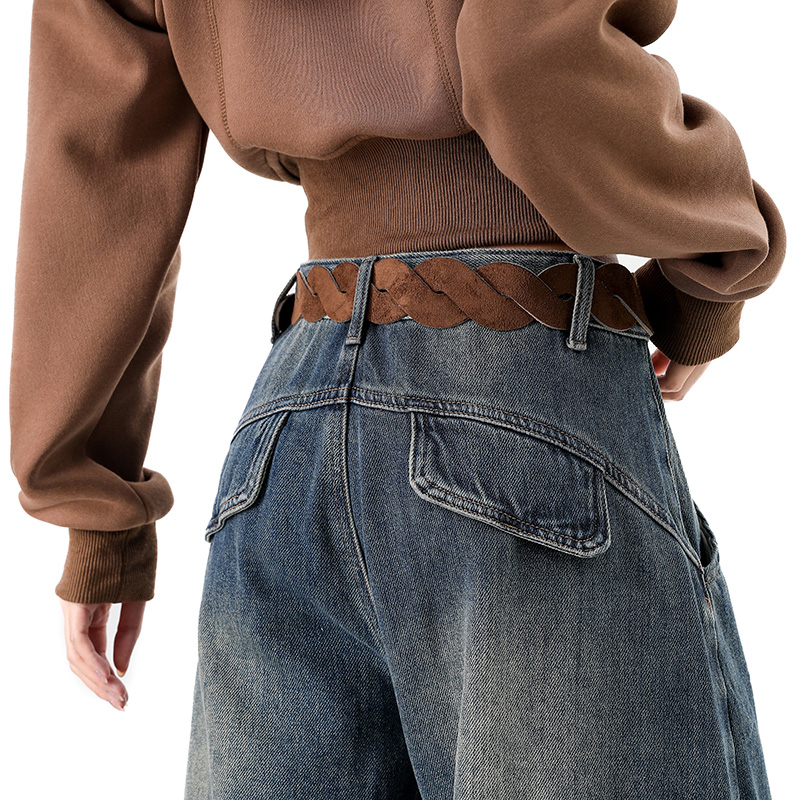 美式复古植绒弯刀裤通用冬季新款宽松显瘦慵懒松弛阔腿裤牛仔裤子