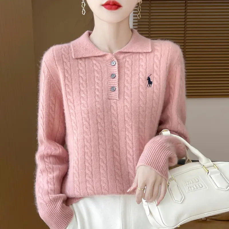 软糯刺绣Polo领扭花羊毛衫长袖宽松套头内搭针织衫(下单送洗护液)