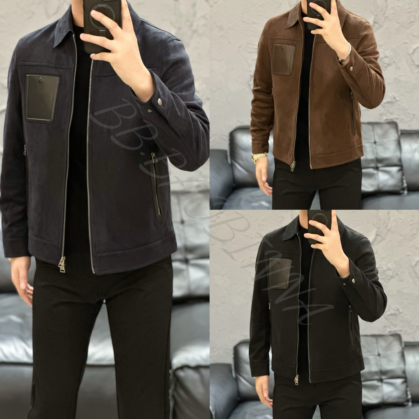 小野· 男装 |鹿皮绒拼皮 | 男士百搭翻领羽绒服夹克外套50372