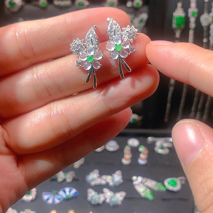 翡翠戒指银S925镶嵌耳钉