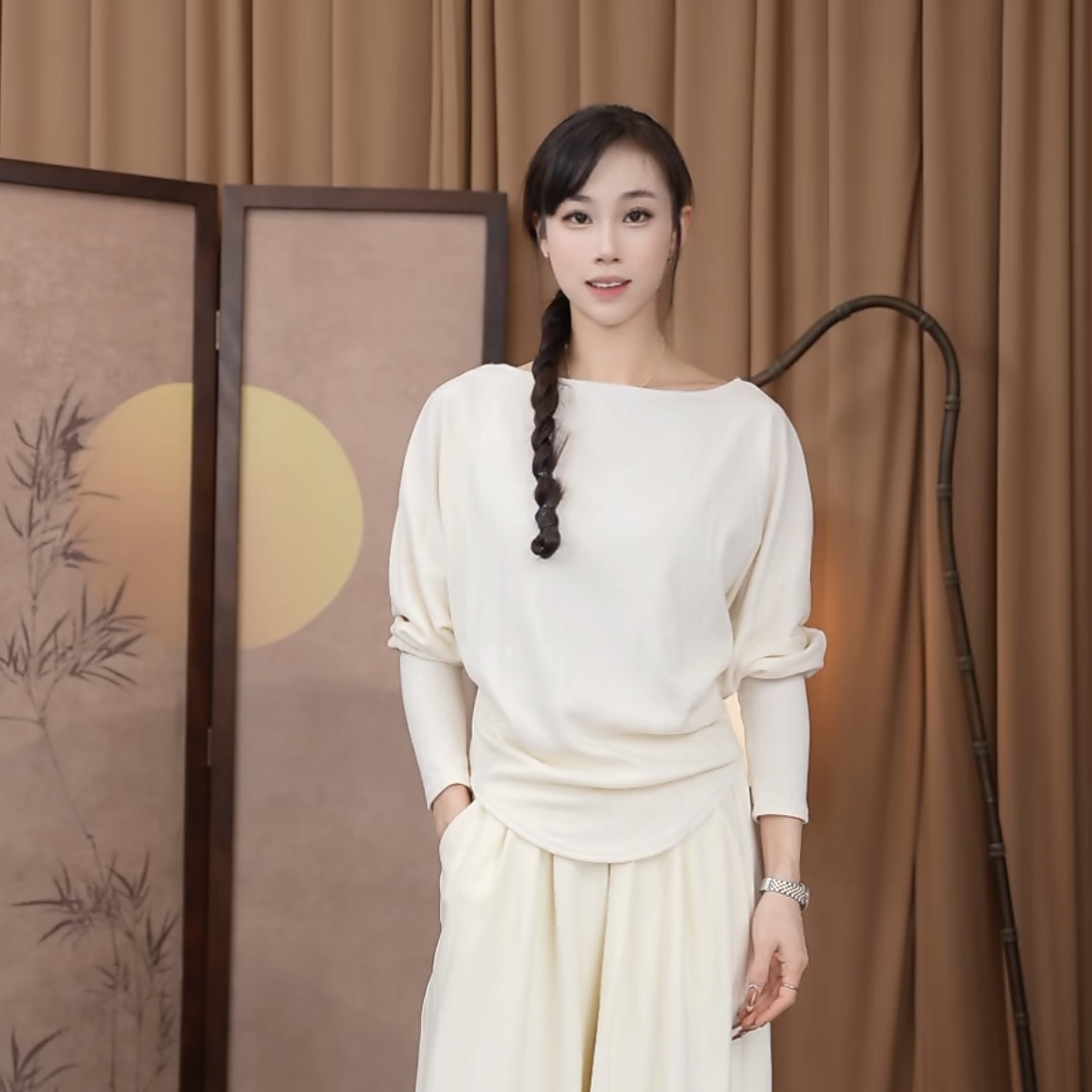 086-Shishi加厚磨毛秋冬蝙蝠袖一字领收腰显瘦古典舞中国舞罩衫