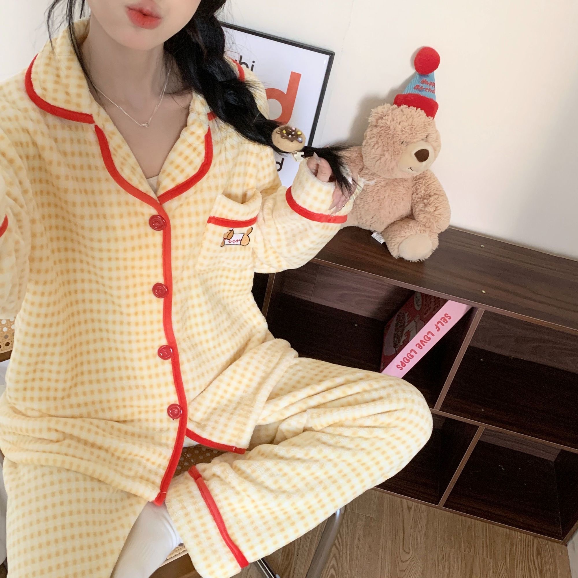 睡衣女秋冬季法兰绒保暖长袖腊肠狗可爱卡通学生家居服套装可外穿