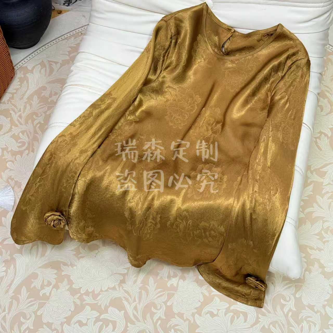 854 纯色圆领斜裁提花长袖打底衫上衣T恤-胸围98-衣长62