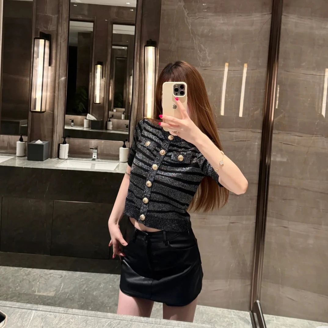 (69-169)短款时尚女夏季毛针织衫针织圆领百搭性感牛仔短袖