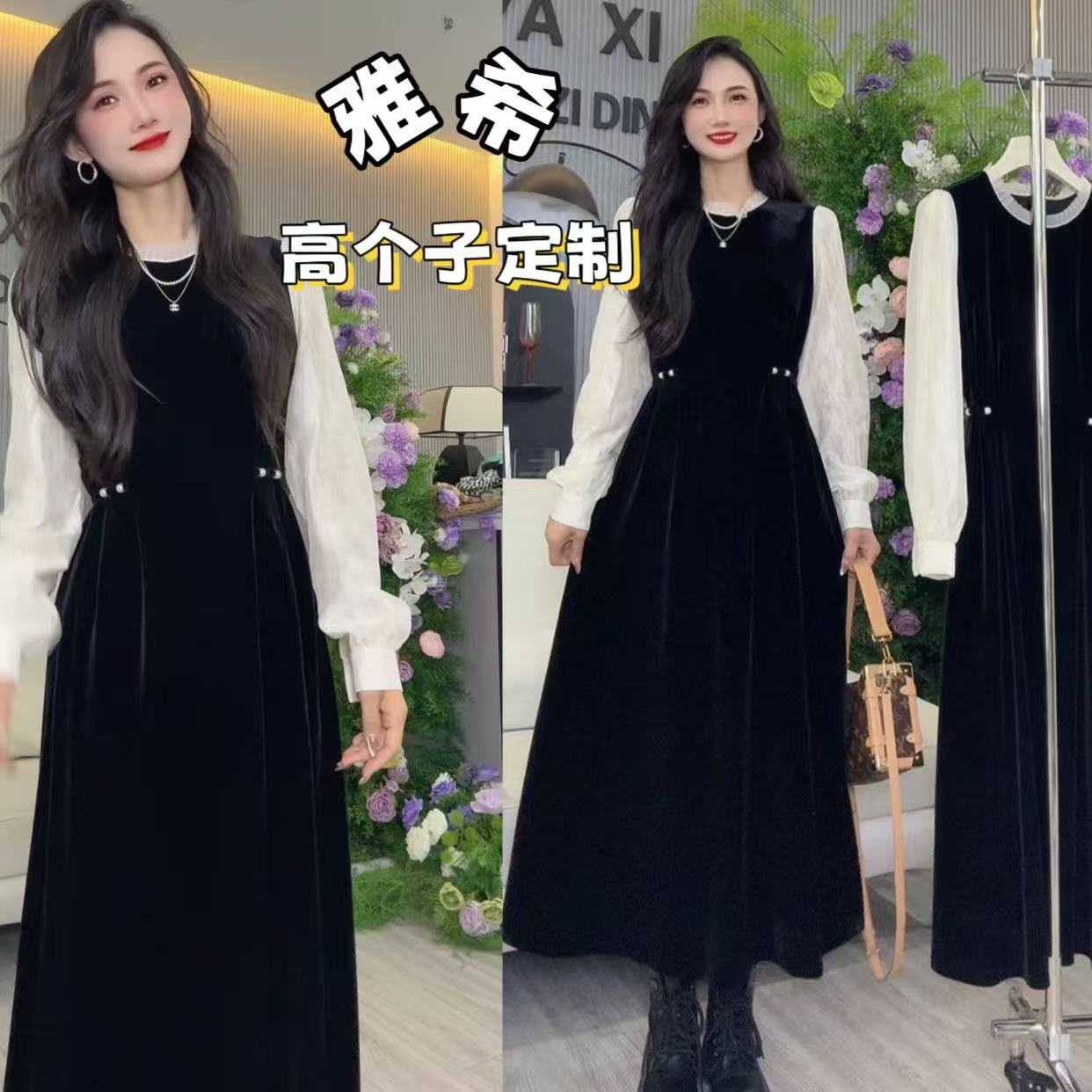 雅希定制~【温婉的美】6567 蕾丝拼接高级感褶花小众黑色连衣裙