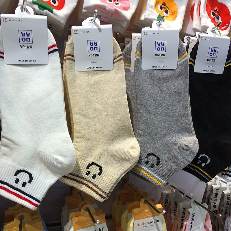 2025春夏新款韩国袜子男女两杠开心笑脸休闲棉袜日系简约运动短筒