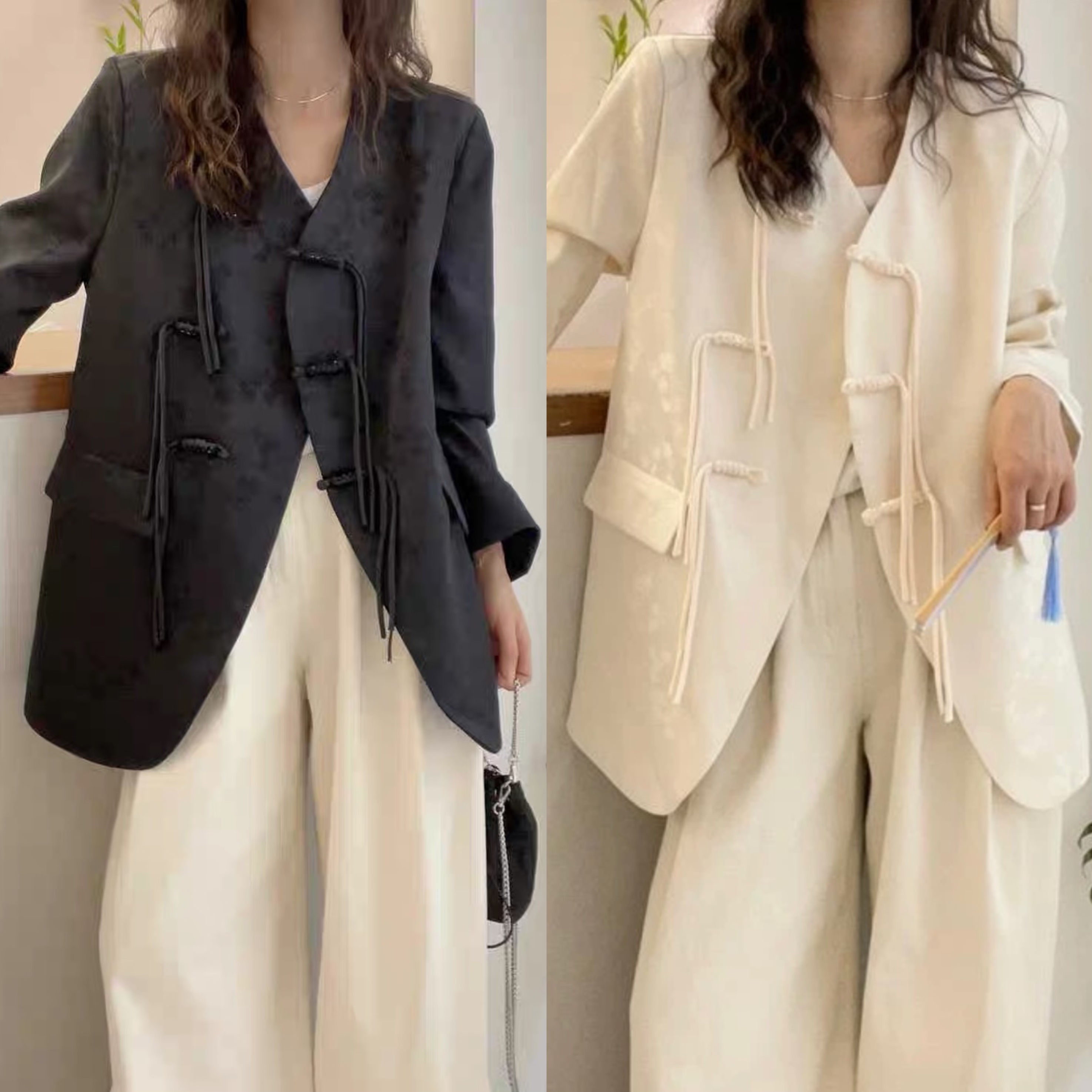 新中式盘扣黑色西装外套女宽松休闲百搭西服开衫上衣DJ1821