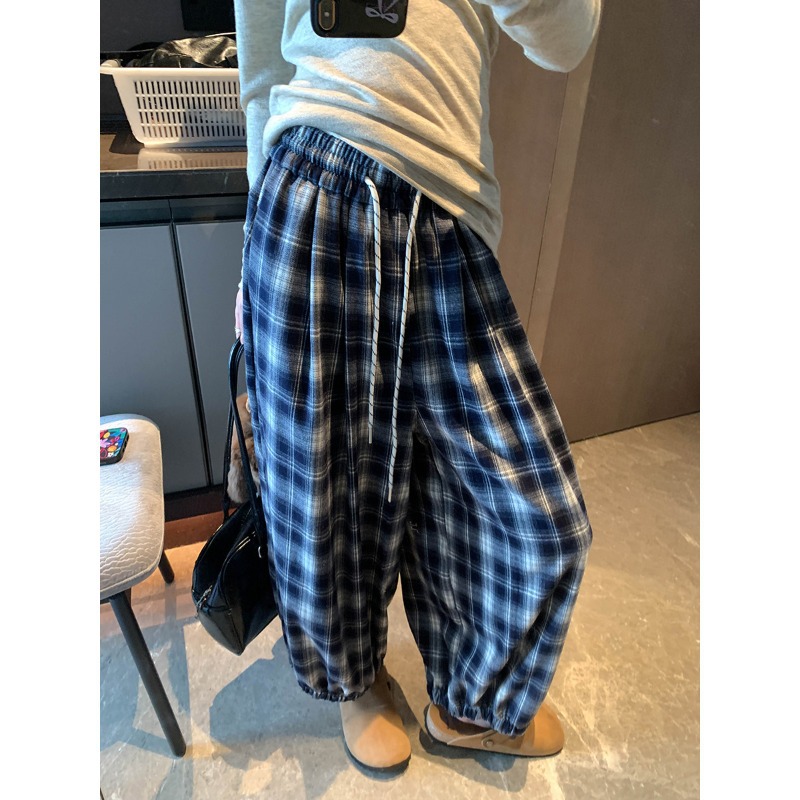 韩版格子灯笼裤抽绳松紧腰格纹撞色宽松阔腿束脚休闲裤外穿长裤