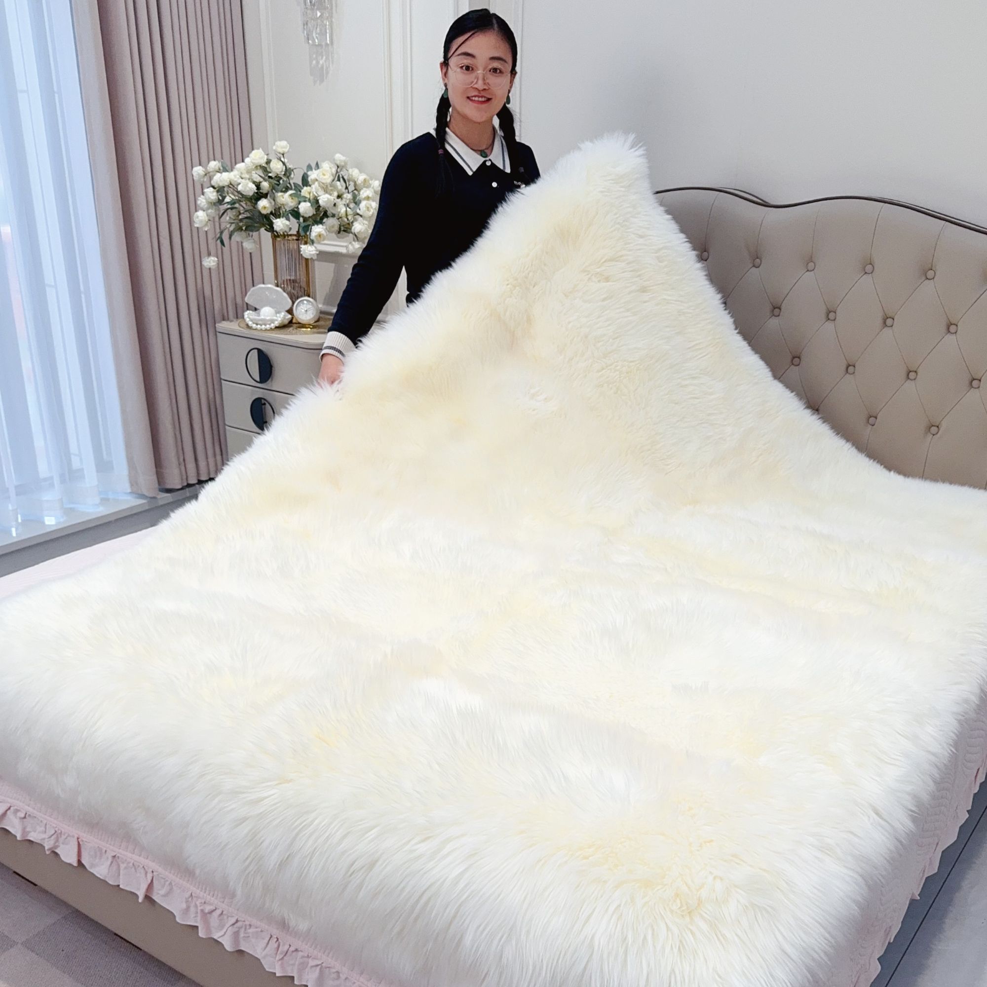 光皮板可铺可盖羊皮褥子无底衬皮毛一体羊皮褥子羊皮被子羊皮床毯