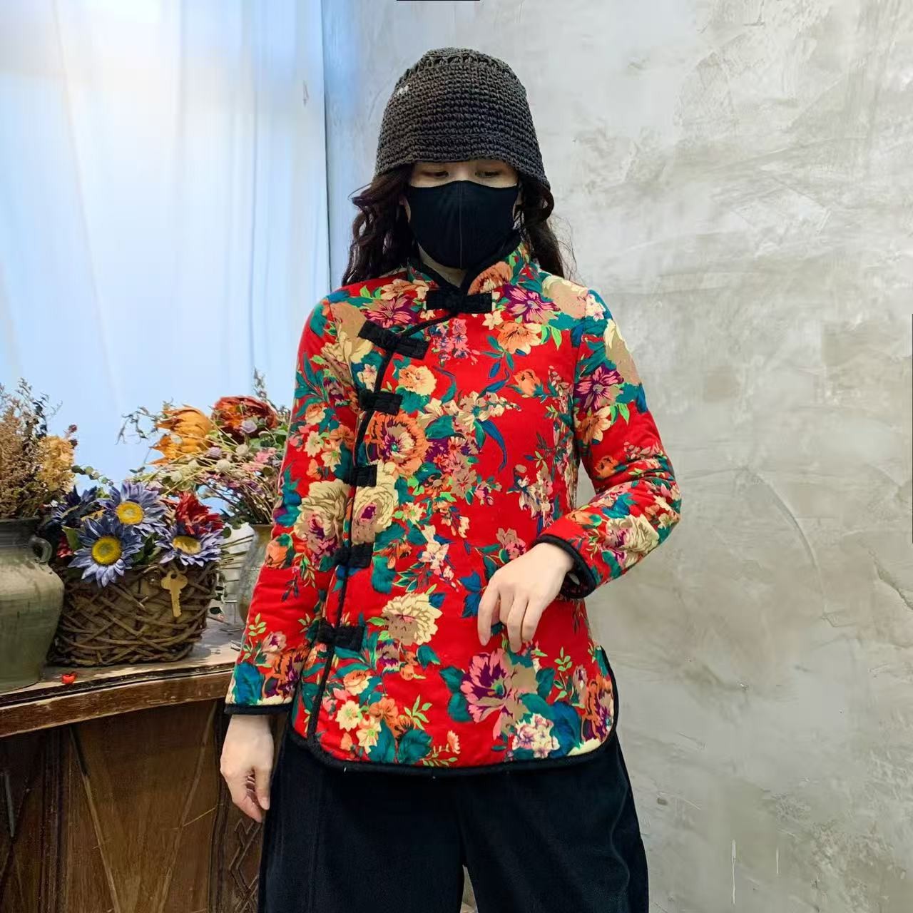 牡丹花保暖不褪色宽松型棉衣棉服唐装秋冬外套中式加厚民族风