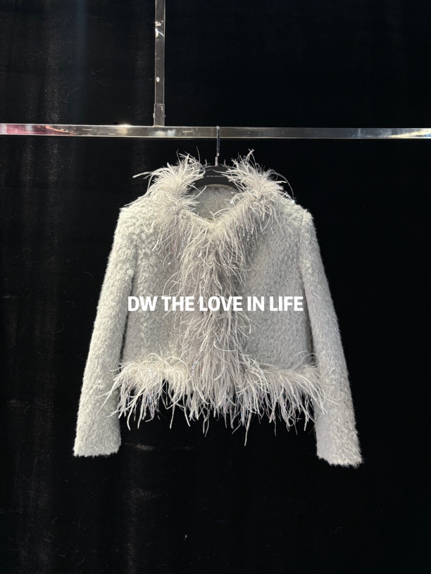 24AW//DW 高定灰色定制亮丝鸵鸟毛冬款外套