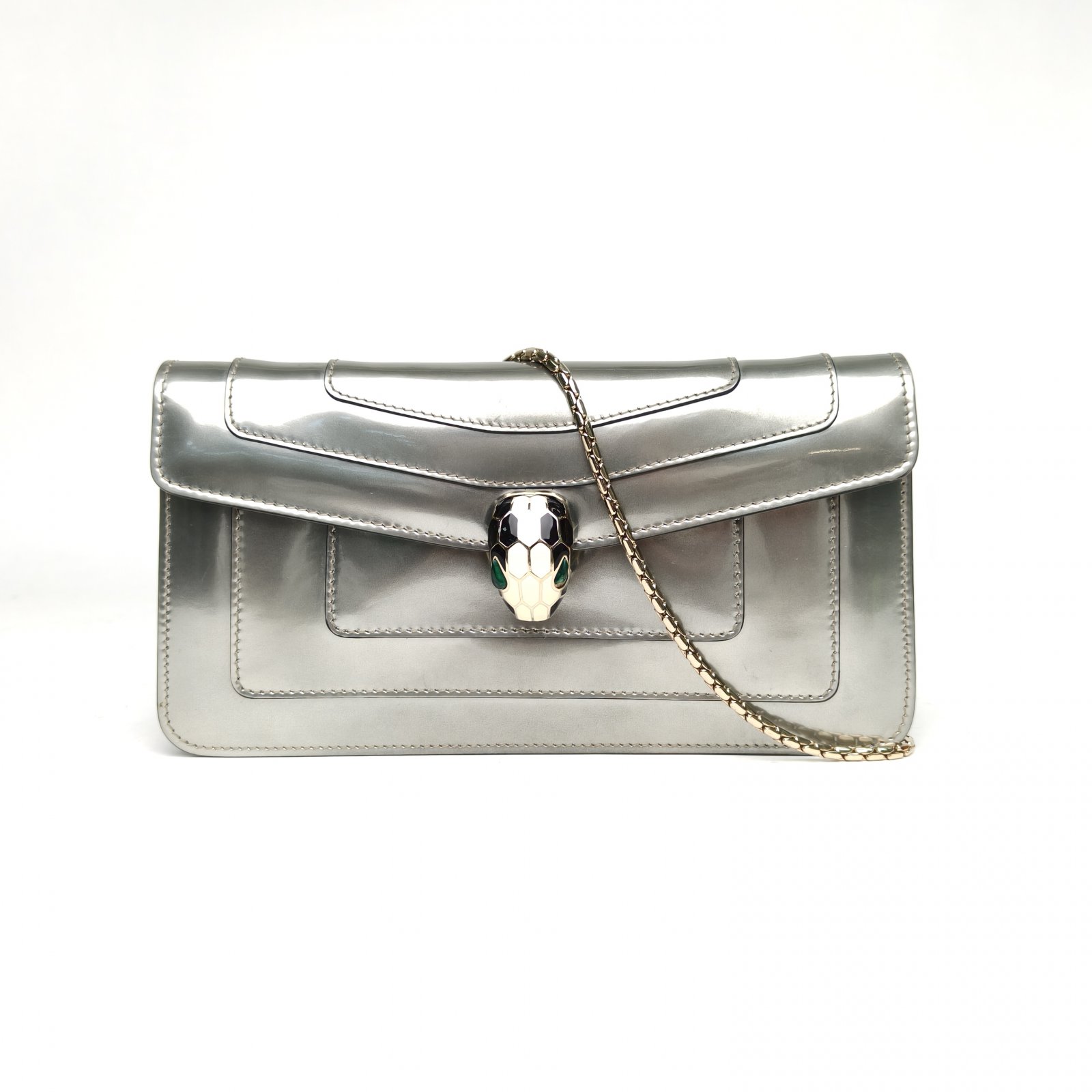 95新 BVLGARI/宝格丽 【娇】银色皮革C 金扣蛇头包横版25 029031