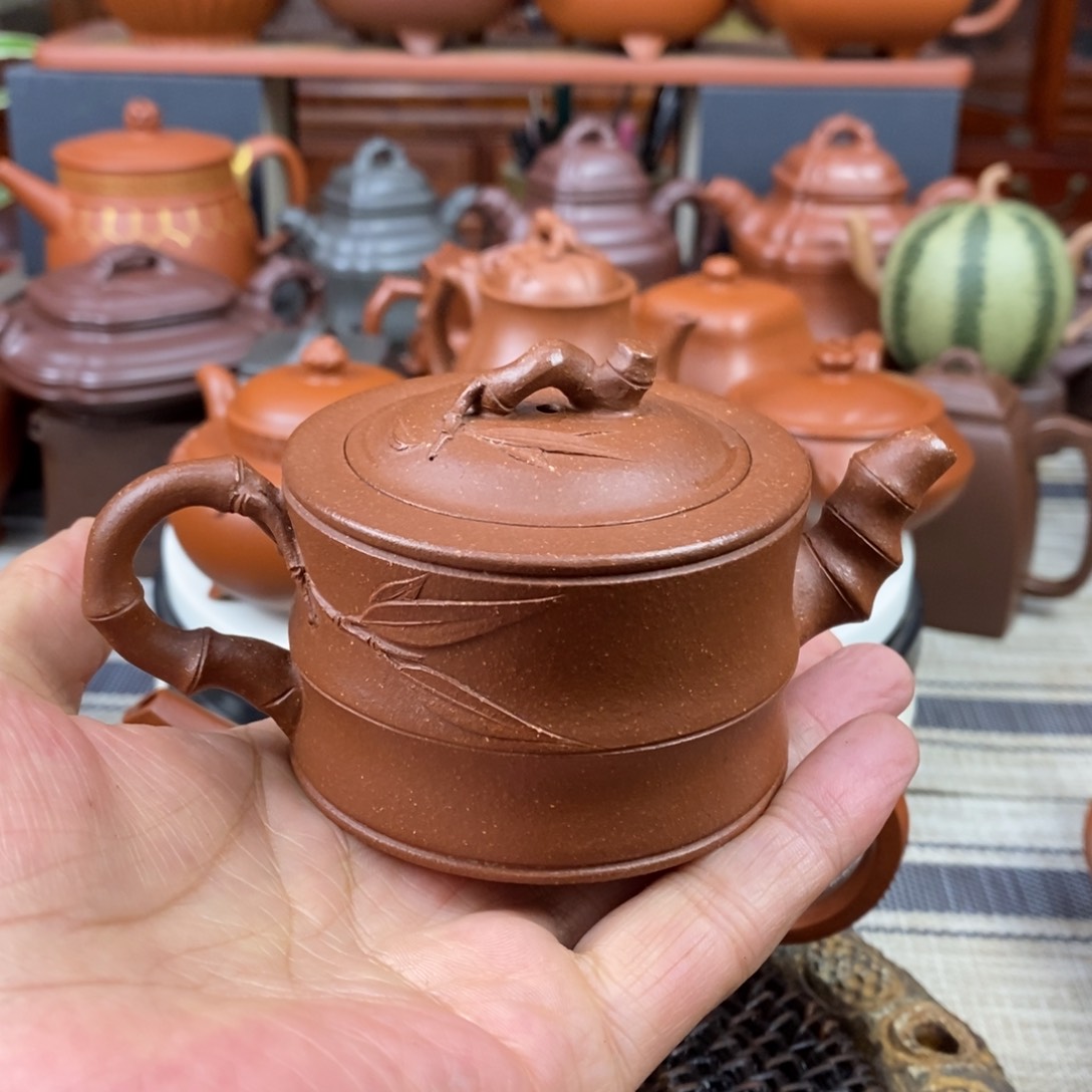 紫砂茶壶竹段130cc原矿宝山红降坡泥