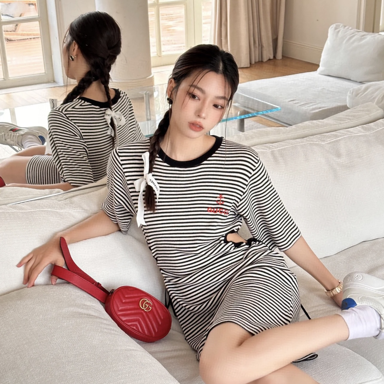 99新 GUCCI/古驰 rou81/条纹镂空帆船连衣裙 棉 S码