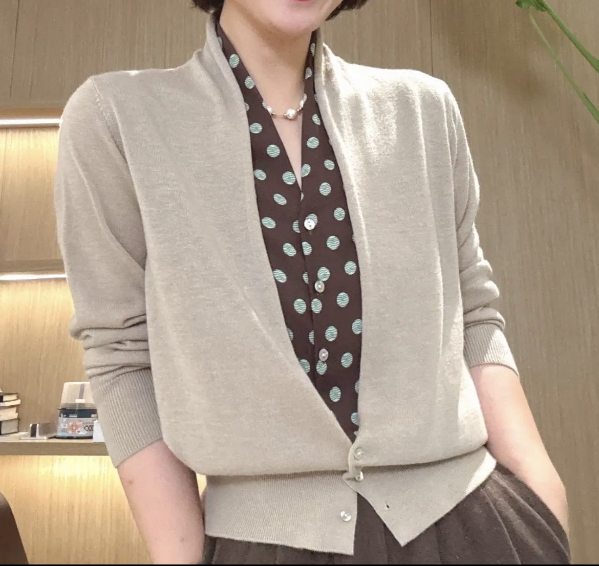 【米澜汐】秋季新款长袖波点针织假两件女针织开衫时尚百搭气质