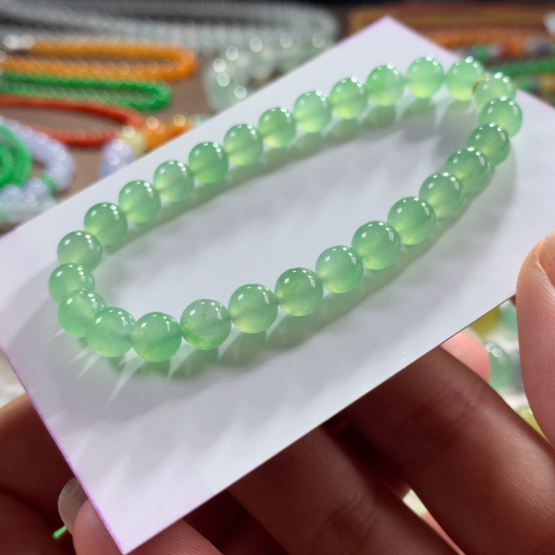 翡翠未镶嵌手链翡翠果冻胶底冰翠绿卡6.60+