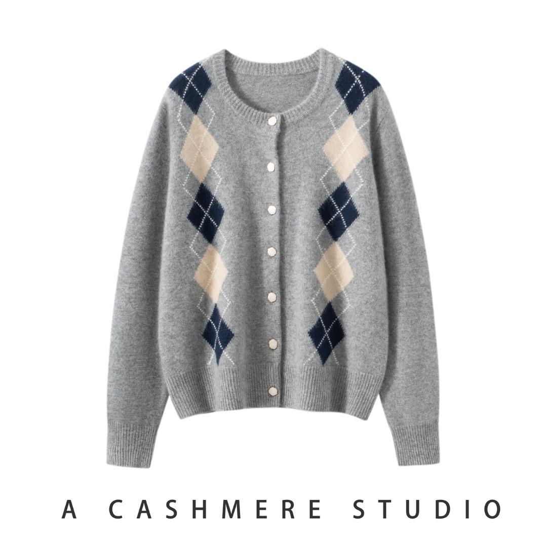 【绽放洋溢】100%纯山羊绒针织开衫女圆领提花设计感外衣秋冬上衣