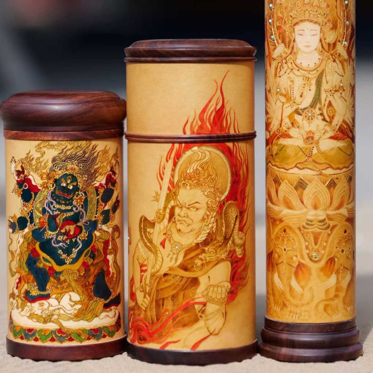 手工订制葫芦烙画茶叶罐用于室内茶道（中间图——不动明王）