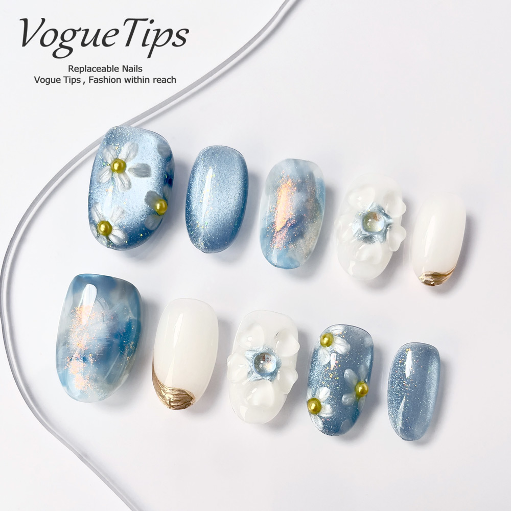 VogueTips 珐琅青国风天青白花穿戴甲短款手工逼真甲片短圆ZB478