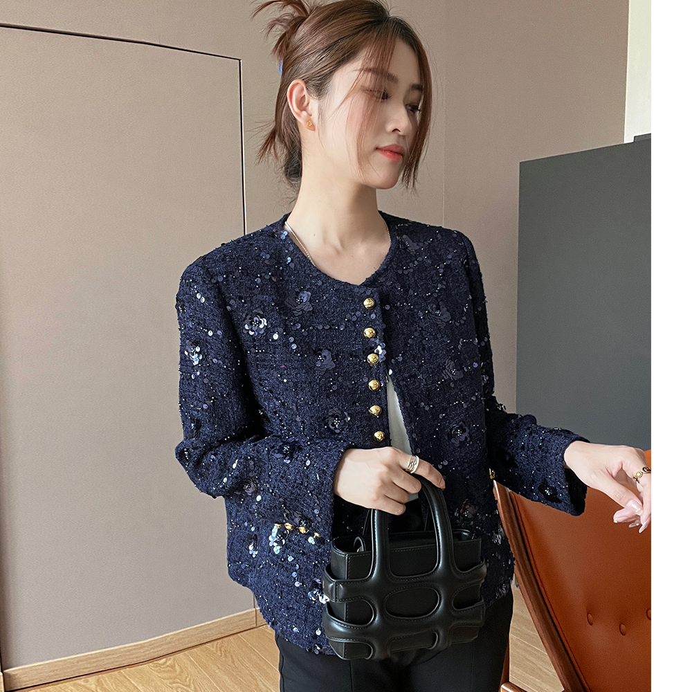 轻奢亮片短款秋冬女圆领短外套新款小香风上衣