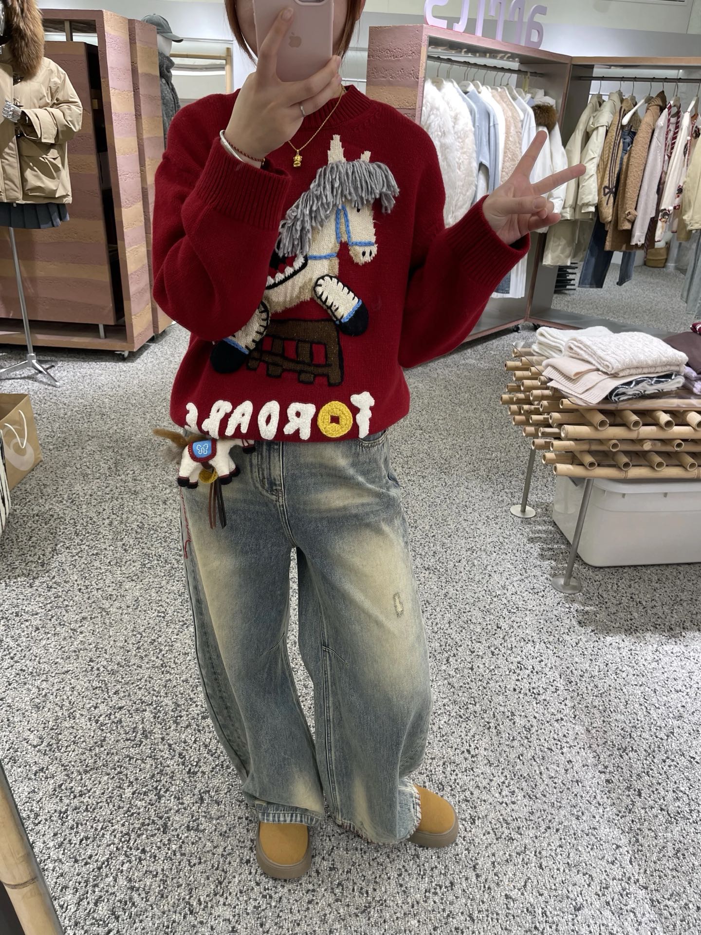 现货【小马挂坠牛仔弯刀裤】小众设计师品牌水洗浅蓝色牛仔裤女