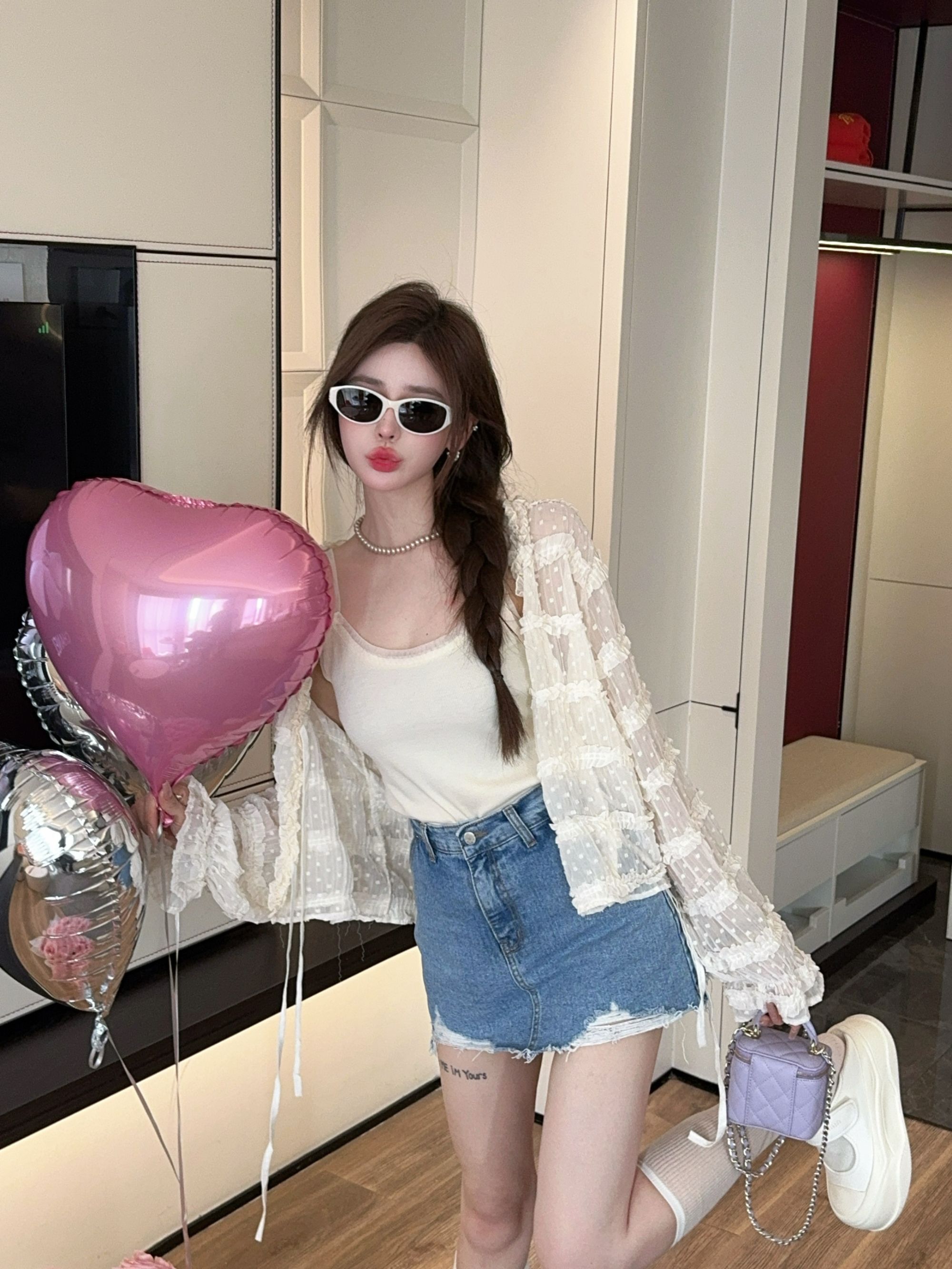 米娜家【清浅时光】泡菜订制飘带米色雪纺蕾丝防晒衬衣