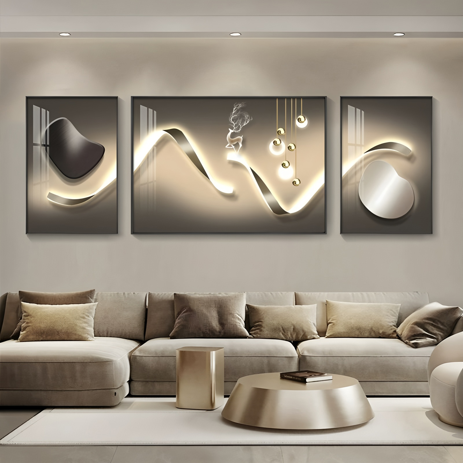 现代轻奢客厅装饰画高级感背有靠山沙发背景墙挂画高档三联组合画