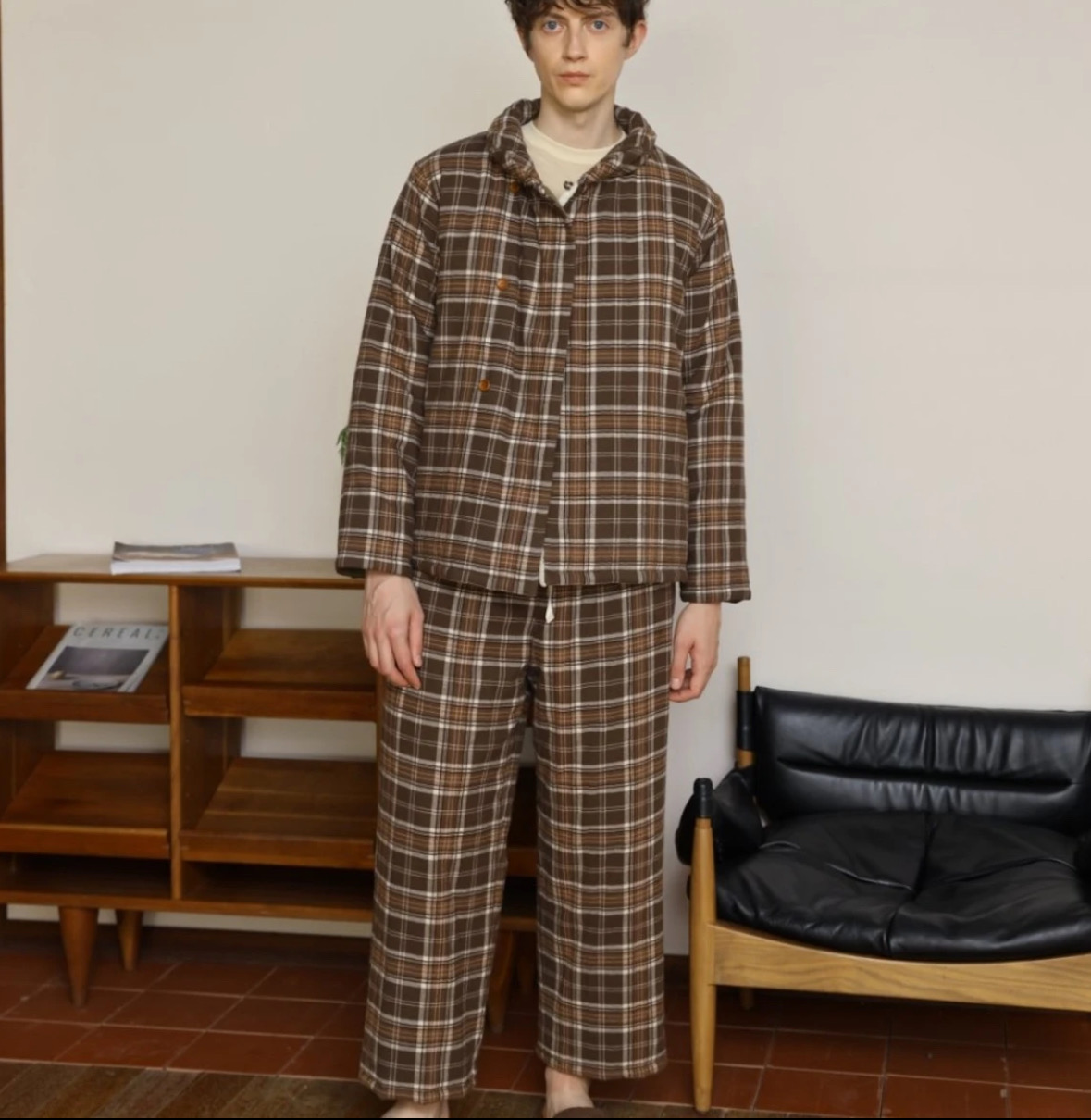 朵朵可可男秋冬格子夹棉加厚冬季保暖休闲时尚睡衣家居套装