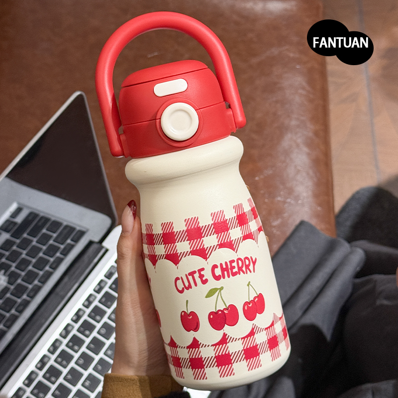 熊贝家樱桃保温杯新款高颜值水杯可爱双饮口316不锈钢便携式杯子