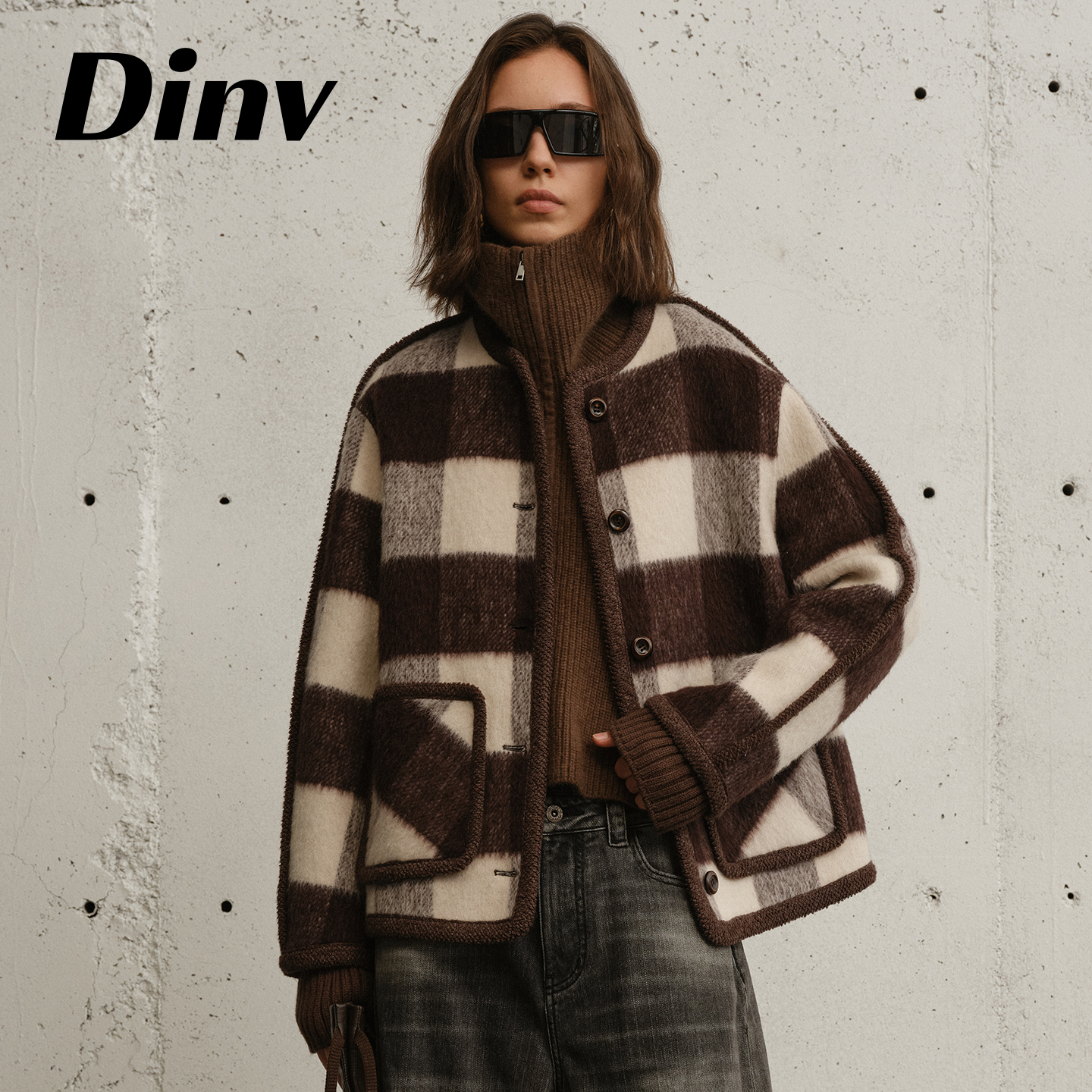 Dinv/复古琥珀云白格撞色格纹毛感短外套秋冬慵懒双面呢羊毛大衣