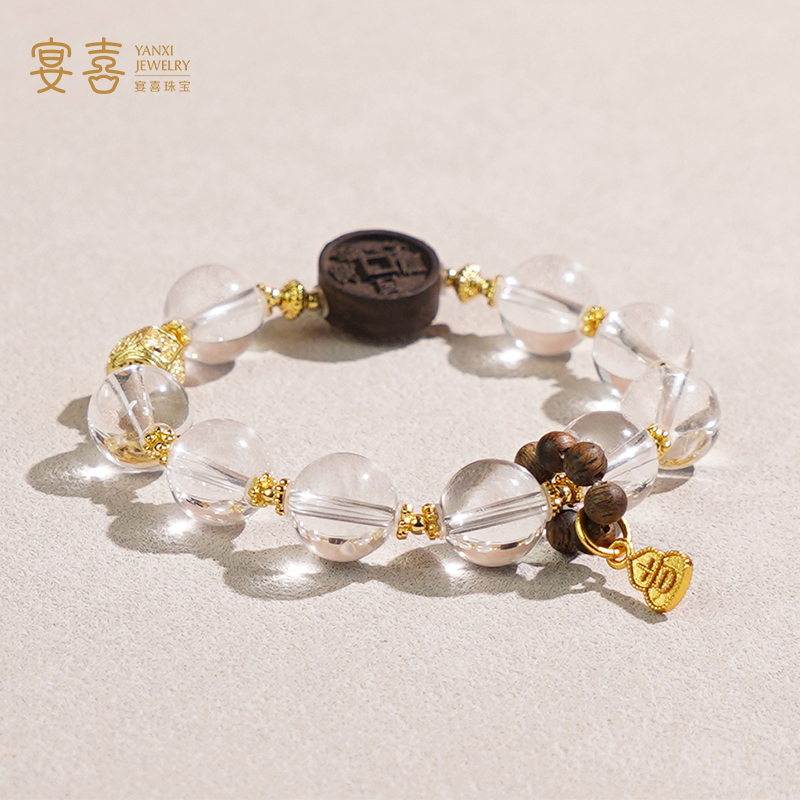 【一顺百顺】合香铜钱天然白水晶手链 多样性发其一