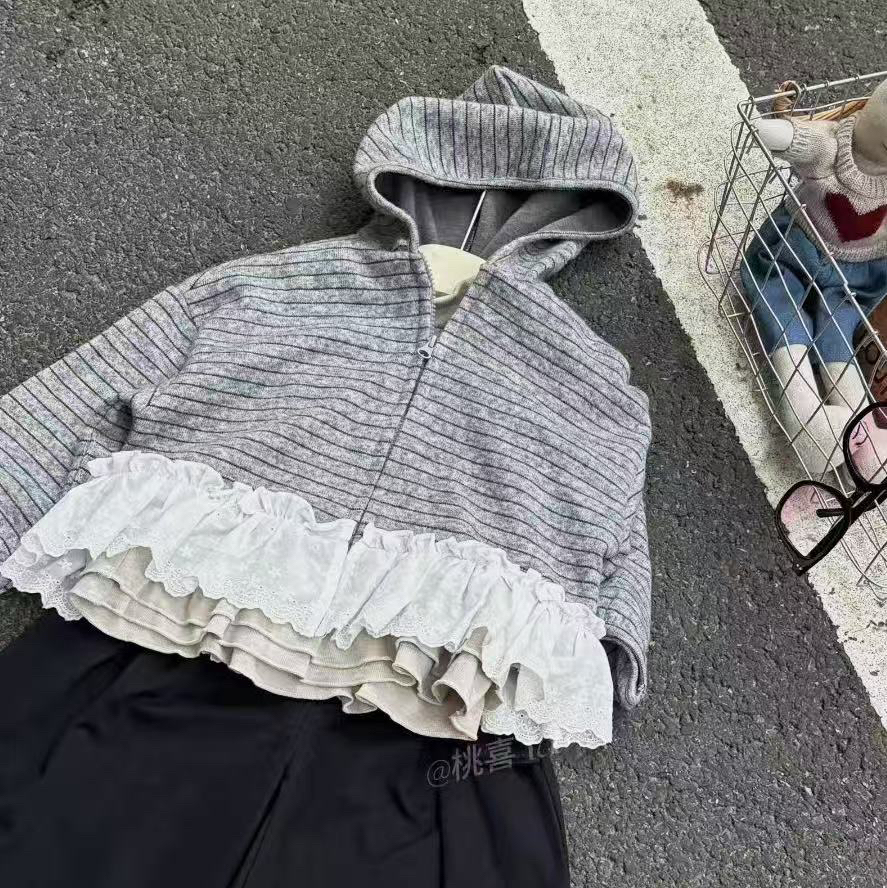 桃喜 25秋 5160女童条纹拼接花边连帽外套
