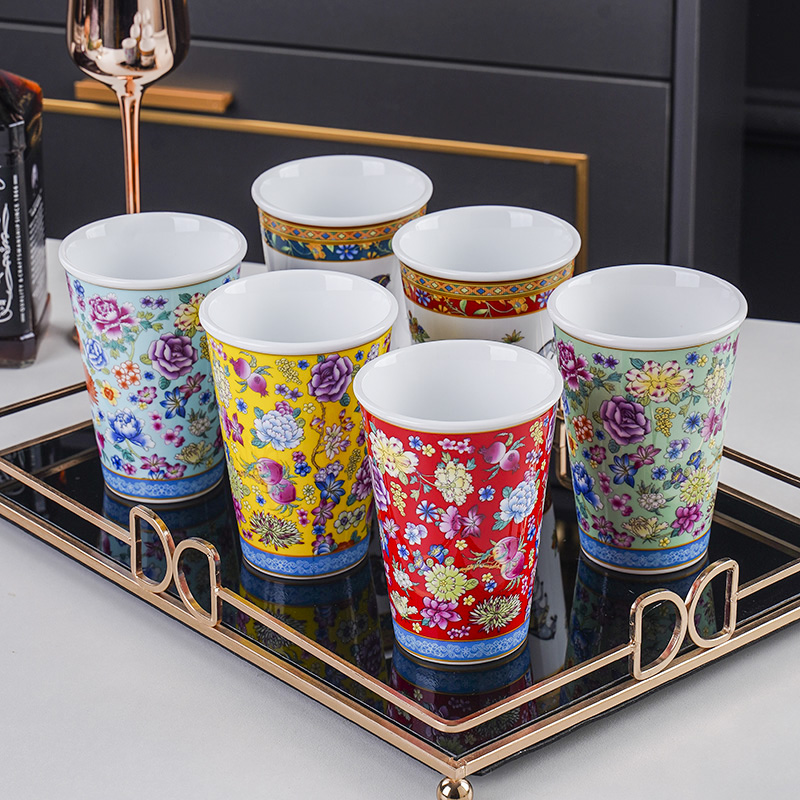珐琅彩万花可乐杯高级国潮风中国风家用水杯陶瓷高档咖啡杯茶杯