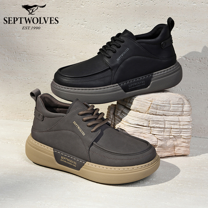 七匹狼男鞋耐磨圆头系带英伦风减震休闲皮鞋秋季黑色鞋子防滑高帮