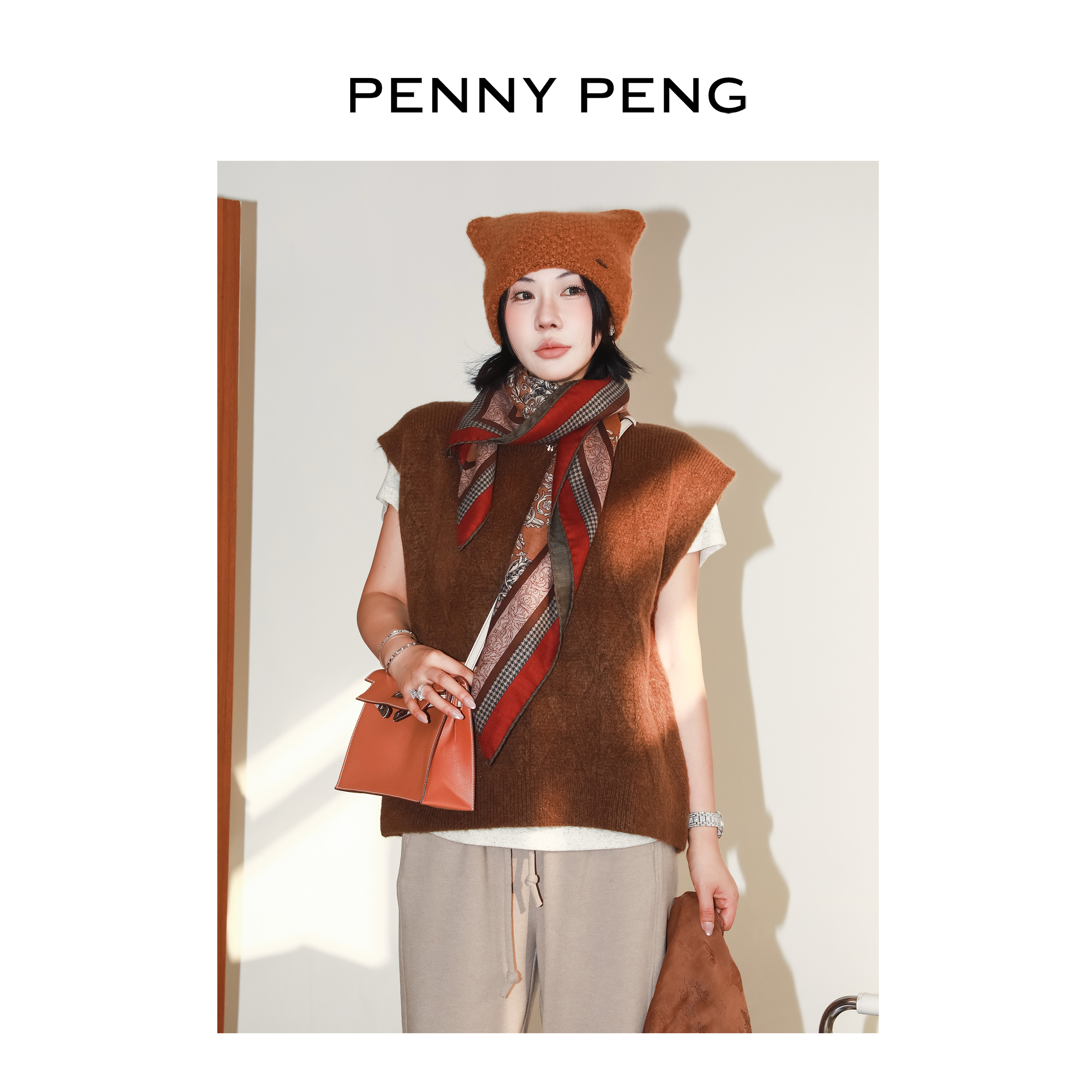 PENNYPENG 绒影双栖 秋冬新款复古圆领软糯羊毛菱形格无袖背心