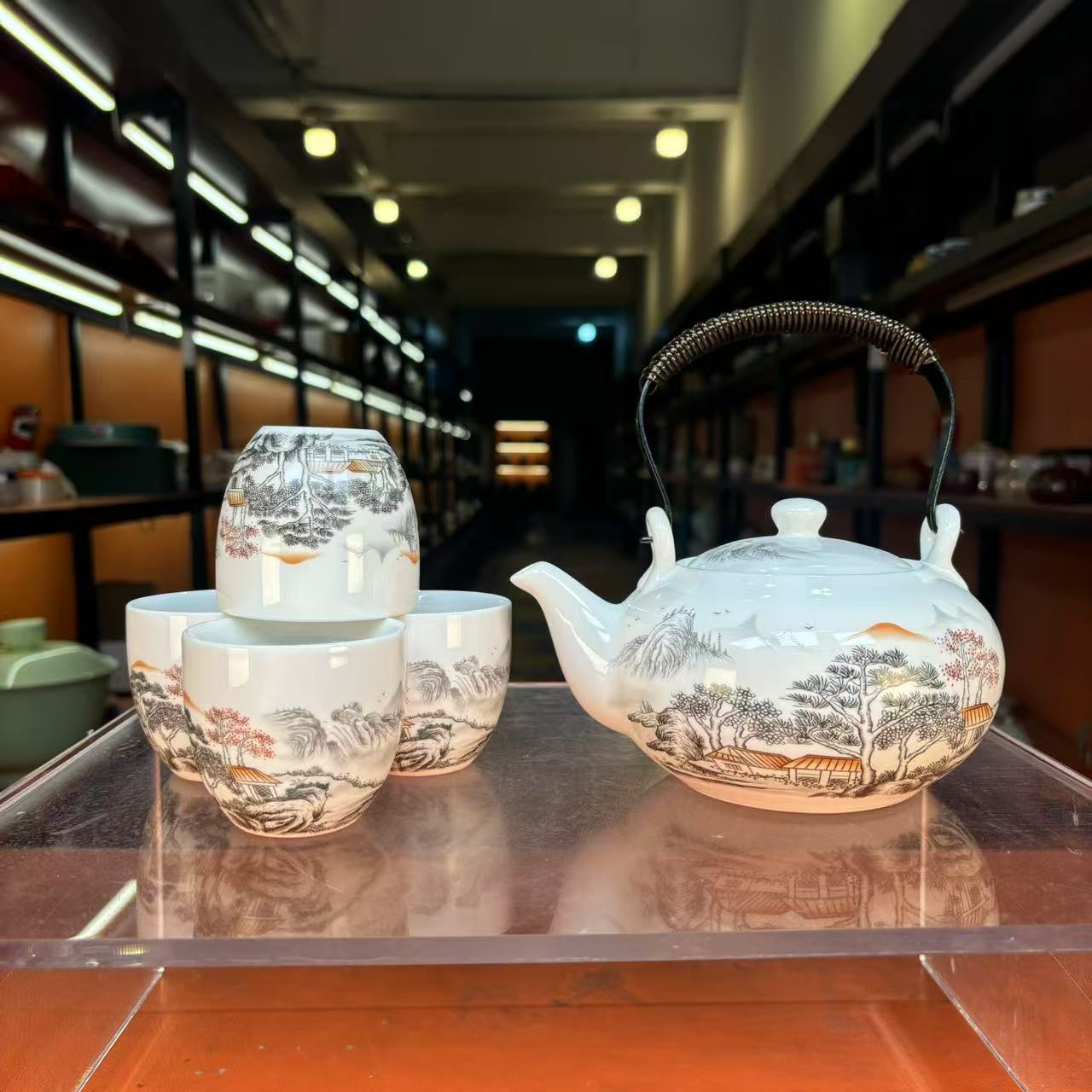 秋香茶具 羊脂玉瓷山水雅居提梁壶一壶四杯家用大容量泡茶壶-1711