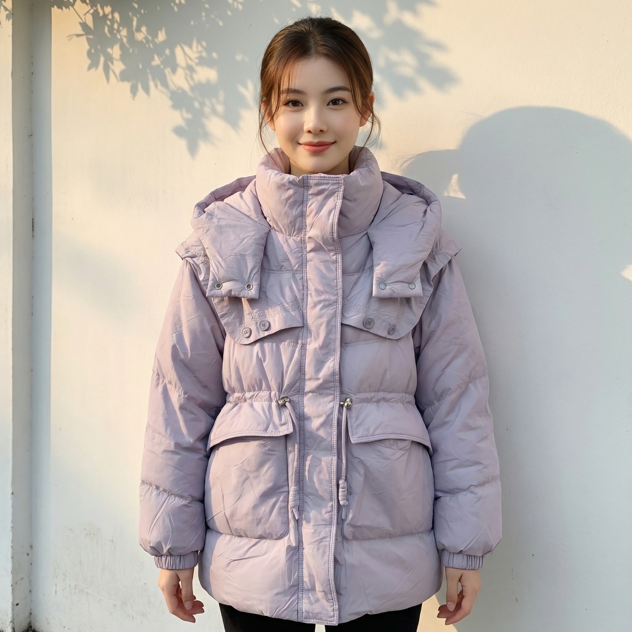 中长款棉服韩版女2025新款加厚保暖连帽温柔紫色显瘦棉服高级