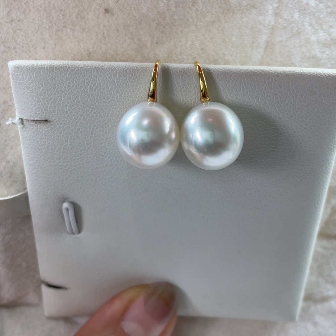 18K金镶嵌耳饰海水珍珠澳白12-13m m
